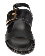 Dolci Firme Adelfi black sandal, top view showing pony hair band and squared gold buckle