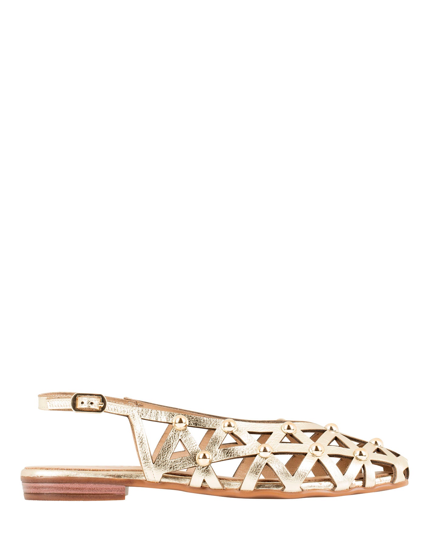 Dolci Firme Luana gold metallic leather studded caged slingback flat, side profile