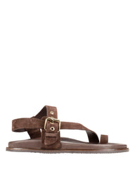 Dolci Firme Playa chocolate suede toe-loop sandal with gold buckle slingback, side profile