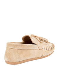 Dolci Firme Jaki sand beige suede tassel loafer, three-quarter view
