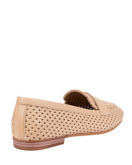 Dolci Firme Keah nude woven leather penny loafer, three-quarter rear view on a natural stacked sole