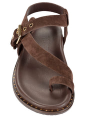 Dolci Firme Playa chocolate suede sandal, front view showing toe loop and brown leather footbed