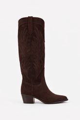 Bianca Buccheri Alpaca Boot — women's chocolate brown Italian brushed suede Texan cowboy boot with Western stitching and block heel, side view