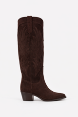 Bianca Buccheri Alpaca Boot — women's chocolate brown Italian brushed suede Texan cowboy boot with Western stitching and block heel, side view