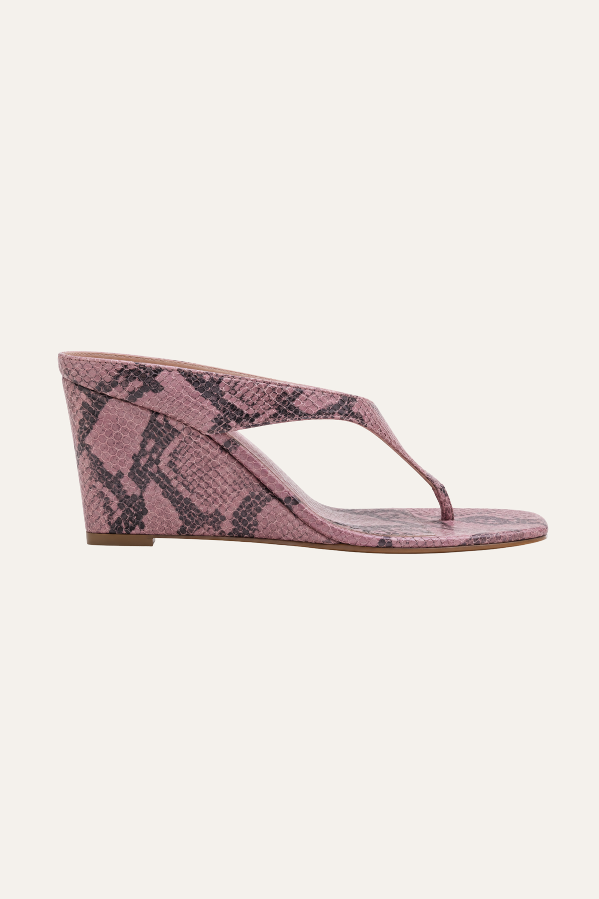 Benita high wedge thong sandal in pink python-print leather, side view