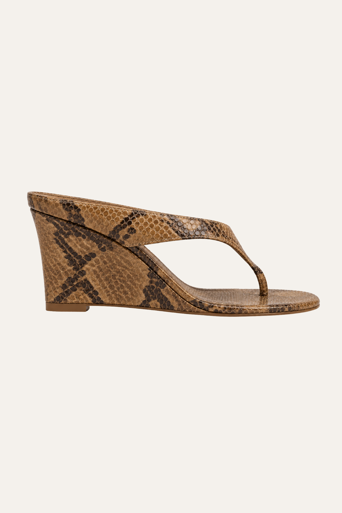 Benita high wedge thong sandal in sand python-print leather, side view