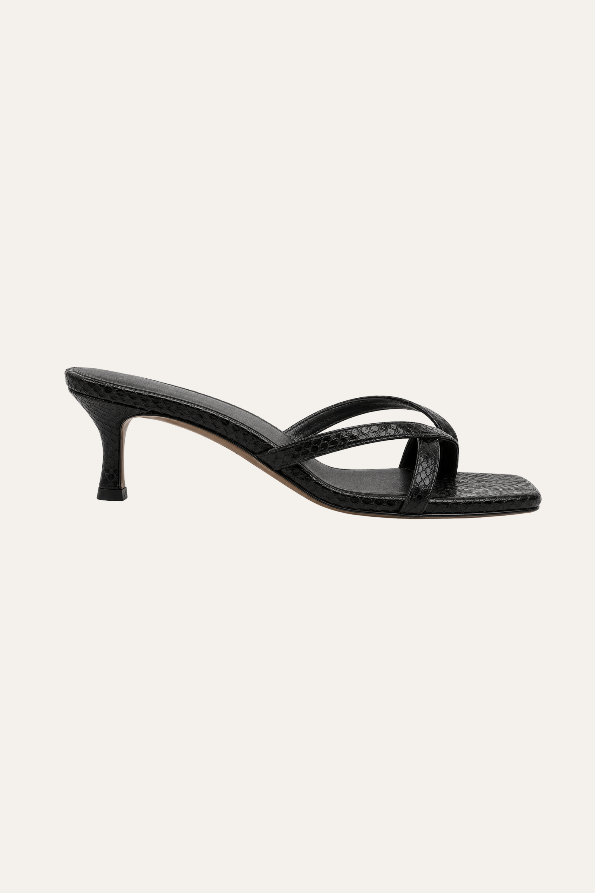 Susy strappy sandal in black snake-print leather, 50mm kitten heel, side view
