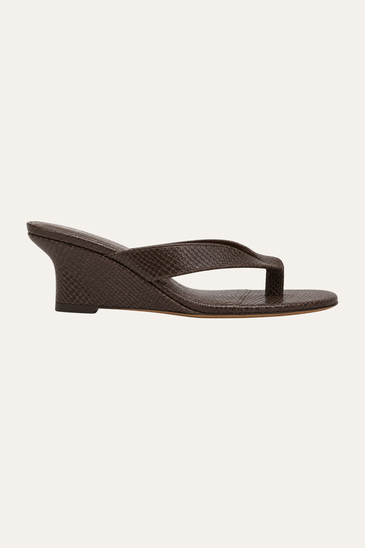 Tenille low wedge thong sandal in dark brown snake-print leather, 50mm, side view