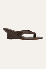 Tenille low wedge thong sandal in dark brown snake-print leather, 50mm, side view