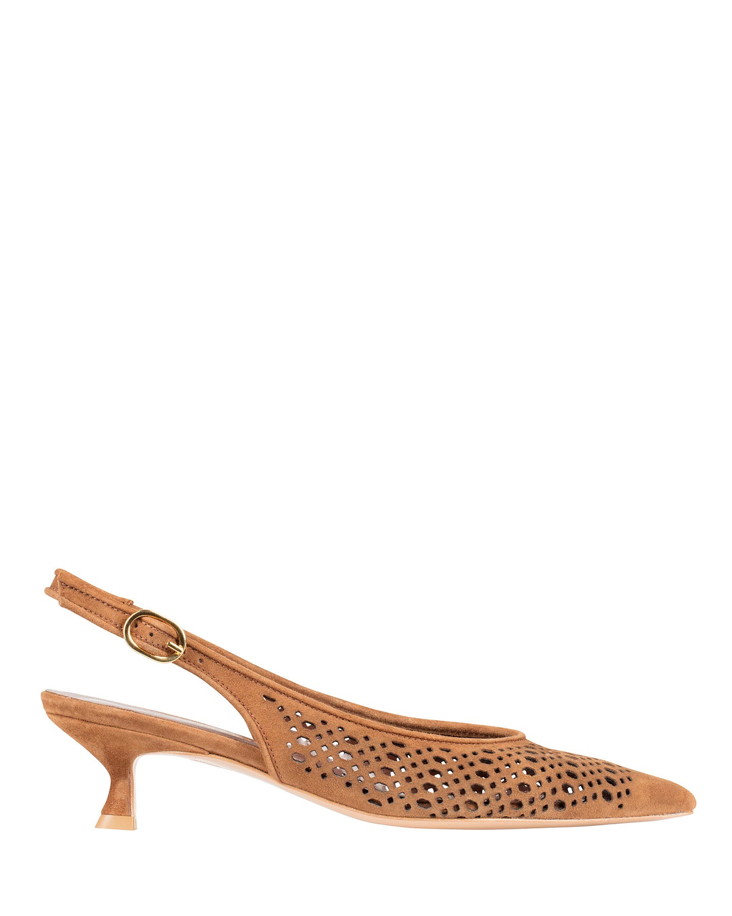 Bianca Buccheri Lauren Chocolate suede pointed-toe slingback with lace perforations and 45mm kitten heel