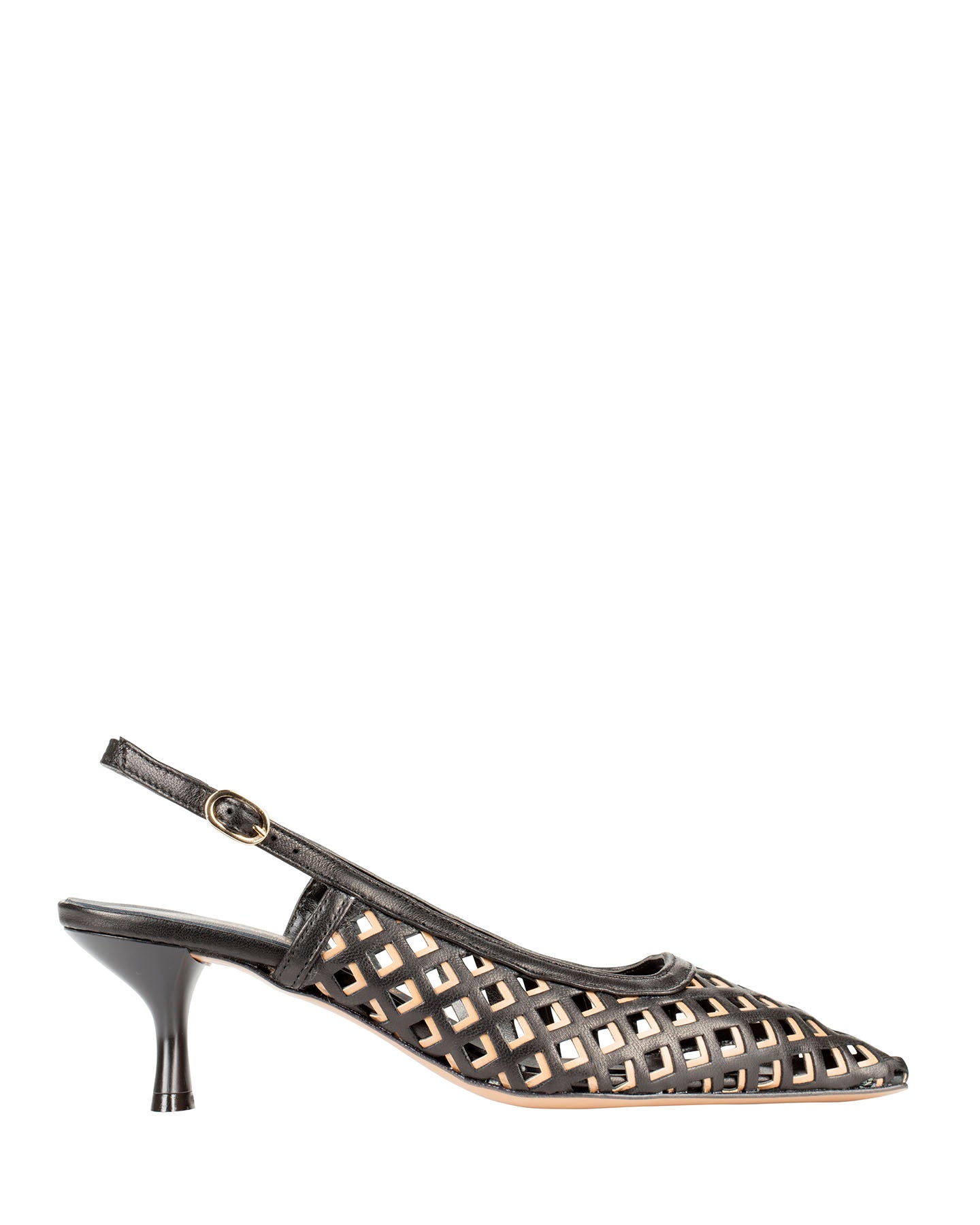 Bianca Buccheri Hannah Black nappa leather slingback with diamond lattice cut-outs and 55mm flared heel
