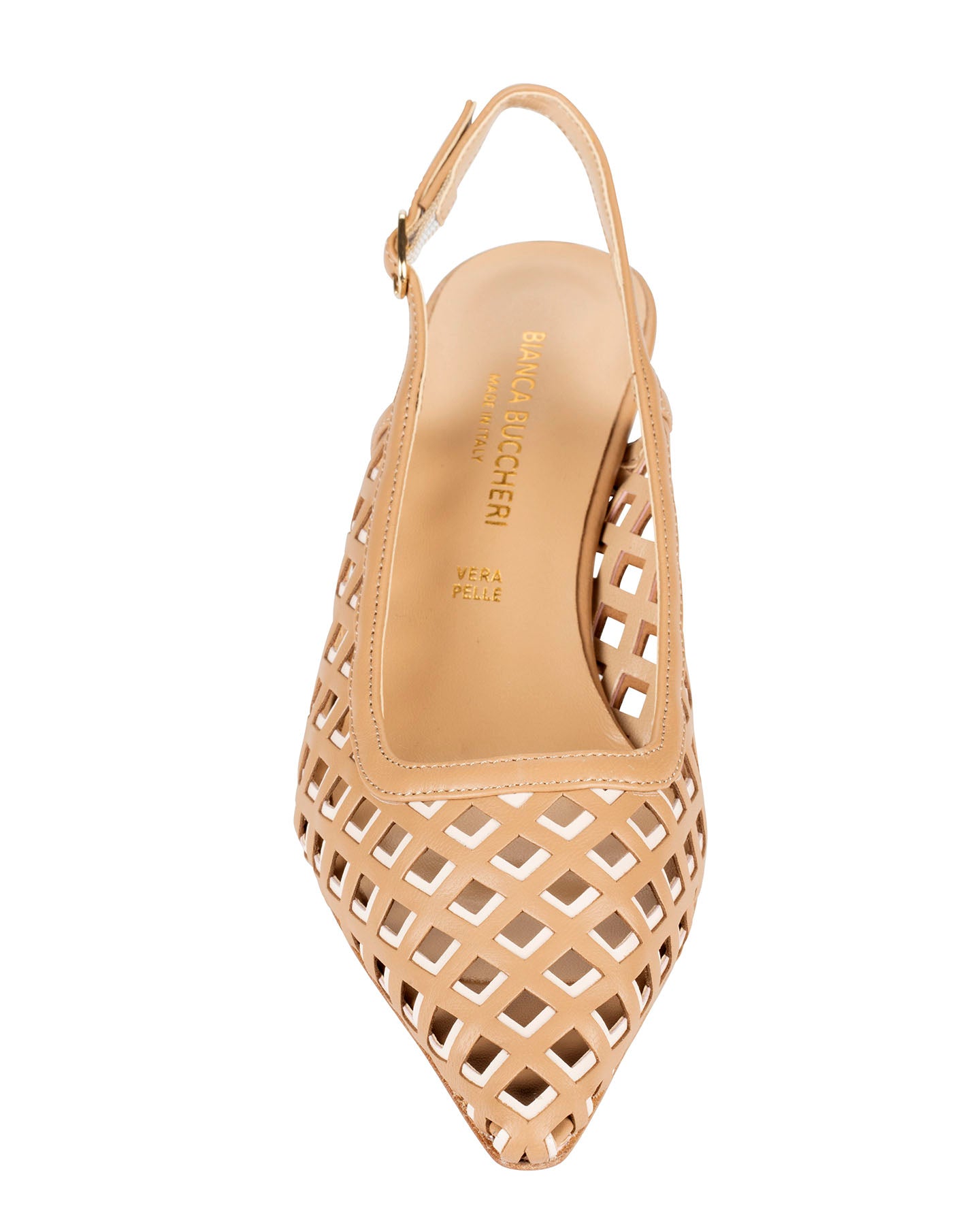Bianca Buccheri Hannah Tan nappa leather slingback with diamond lattice cut-outs and 55mm flared heel, side profile