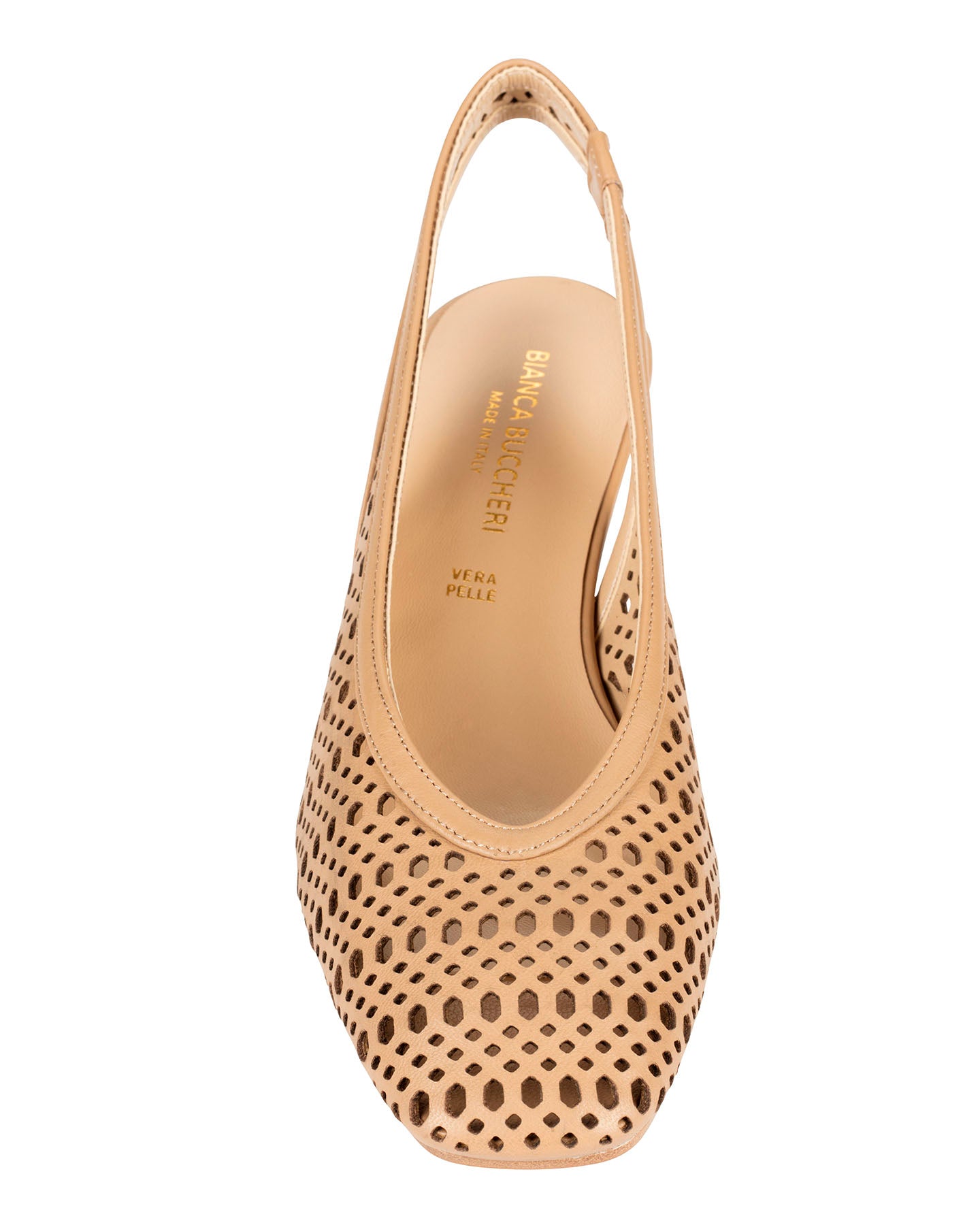 Bianca Buccheri Sarah Tan nappa leather square-toe slingback with pebble perforations and 50mm block heel, side profile