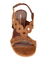 Bianca Buccheri Antonia Chocolate suede sandal with scalloped cut-out straps and 40mm block heel, side profile