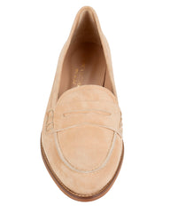 Marly Loafer sand suede — close-up of Italian suede texture and penny strap detail / Bianca Buccheri Marly loafer styled with wide-leg tailored trousers — lifestyle shot