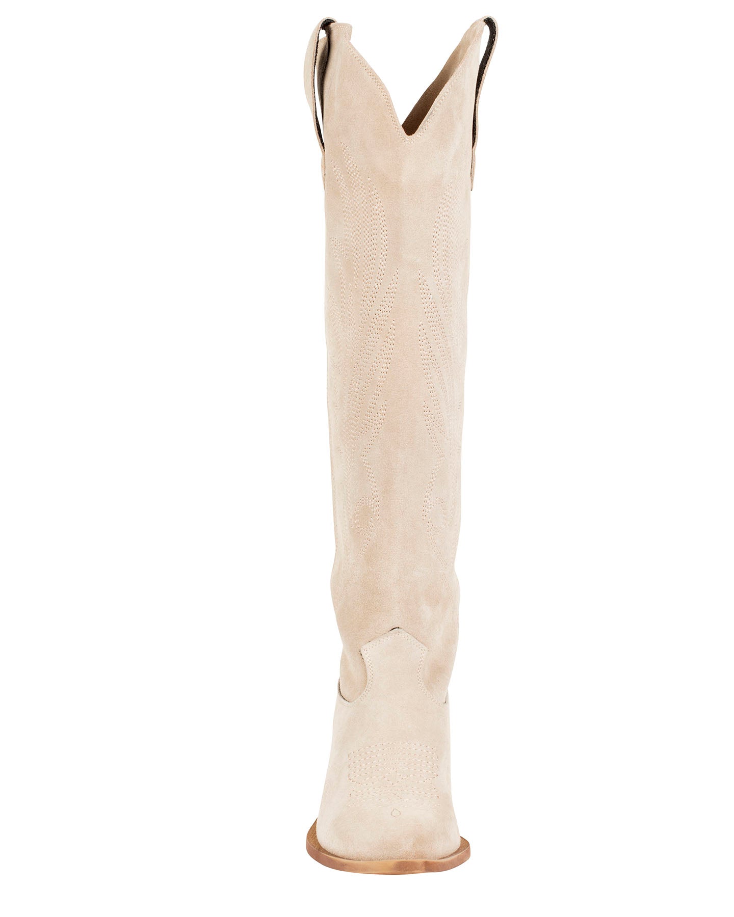 close-up of tonal embroidered Western stitching detail on Italian suede shaft / Bianca Buccheri Dune cowboy boot styled with white linen midi dress — lifestyle shot