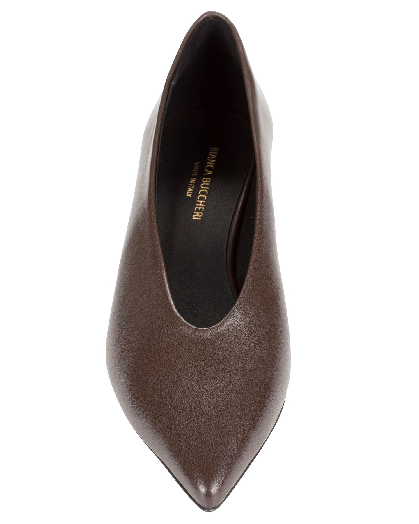 Bianca Buccheri Viki chocolate cone heel pump styled with camel wide-leg trousers and cream knit — women's Italian leather low heel pump