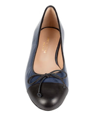 Bianca Buccheri Chic navy ballet flat styled with wide-leg cream trousers and Breton stripe top — women's Italian leather cap toe flat