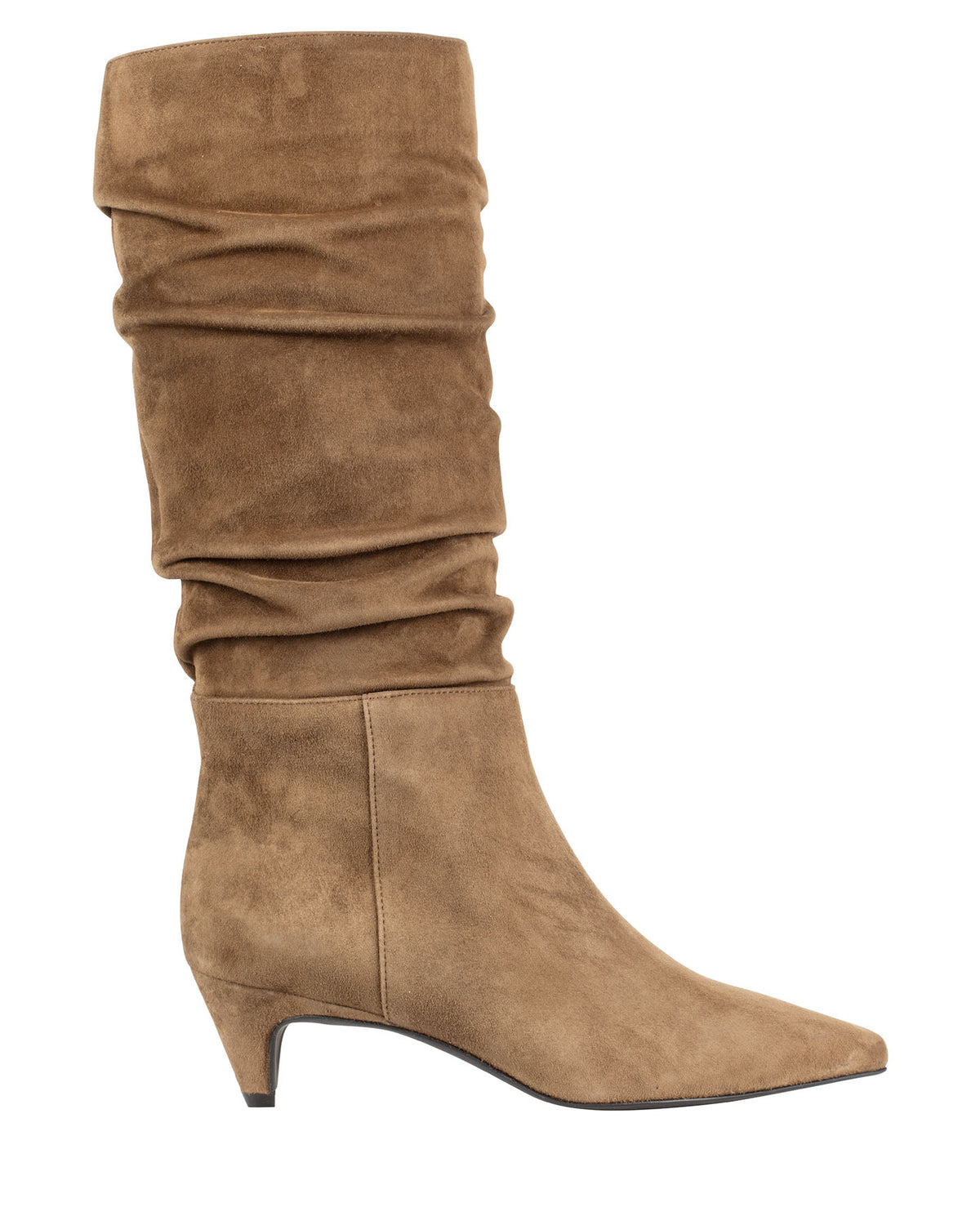 Bianca Buccheri Tory Boot — women's taupe Italian suede slouch boot with ruched shaft, pointed toe and 5cm tonal cone heel, side view