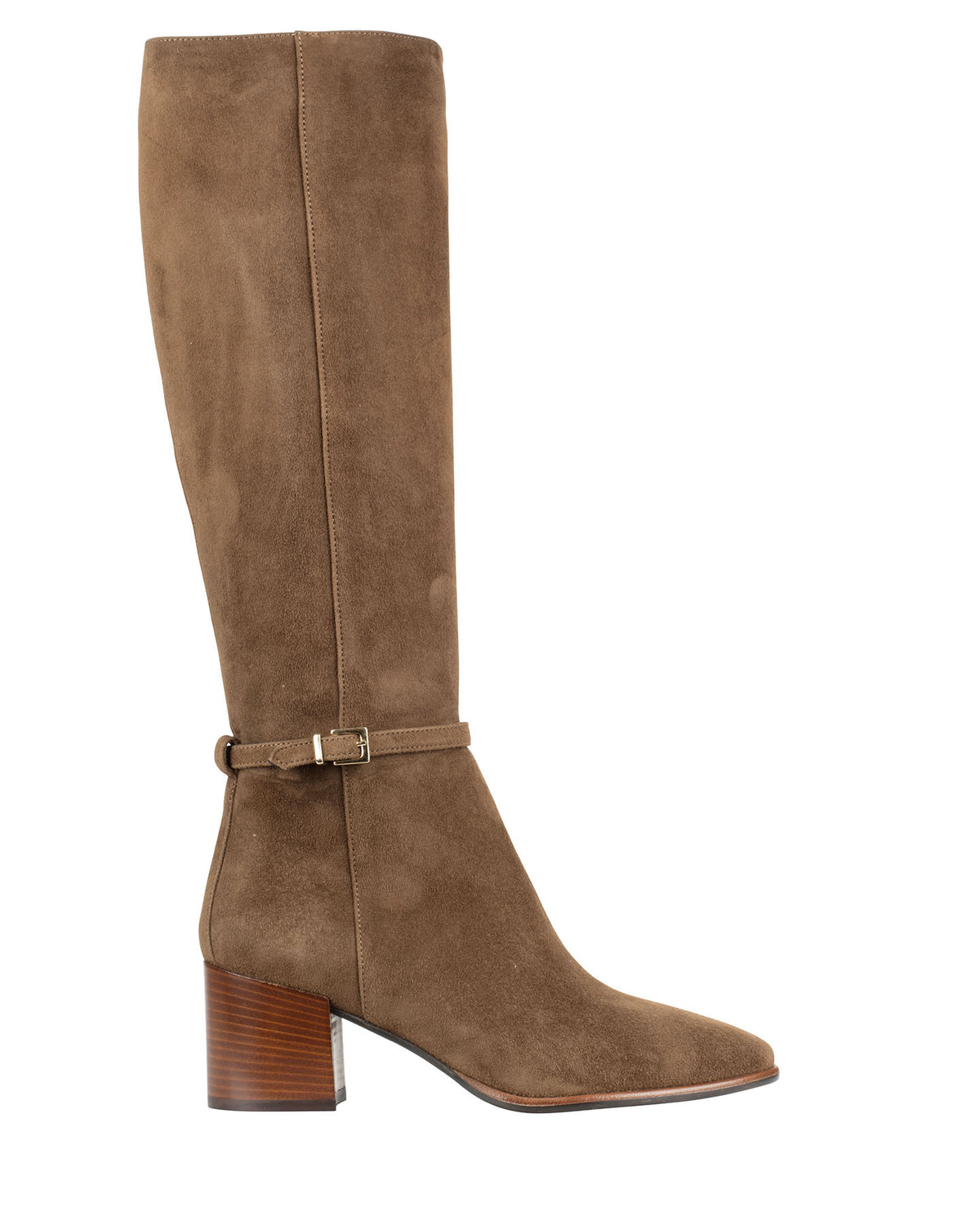 Bianca Buccheri Jenny Boot — women's taupe Italian suede knee-high boot with gold ankle buckle strap, almond toe and 6cm stacked block heel, side view