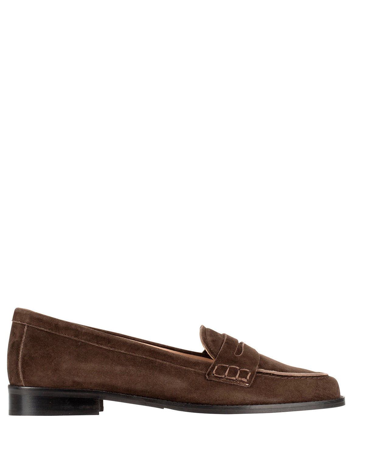 Bianca Buccheri Marly Loafer — women's chocolate brown Italian suede penny loafer with moccasin topstitching and flat leather sole, side view