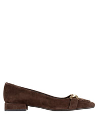 Bianca Buccheri Daria choc suede square-toe flats with brushed gold detail