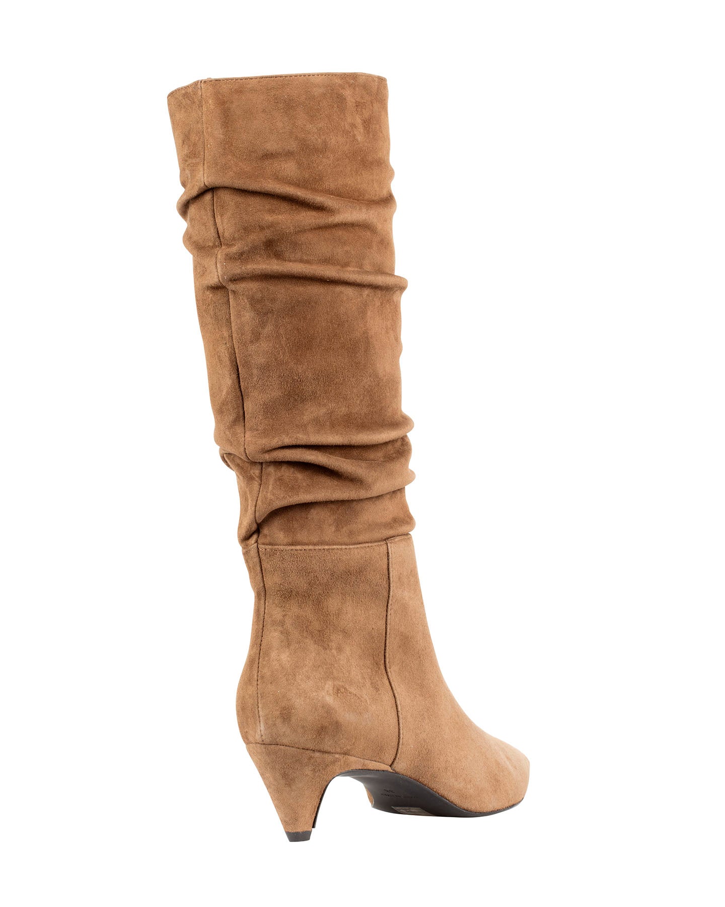 ory Boot taupe suede — close-up of ruched Italian suede shaft detail and cone heel / Bianca Buccheri Tory slouch boot styled with straight-leg denim and oversized knit — lifestyle shot