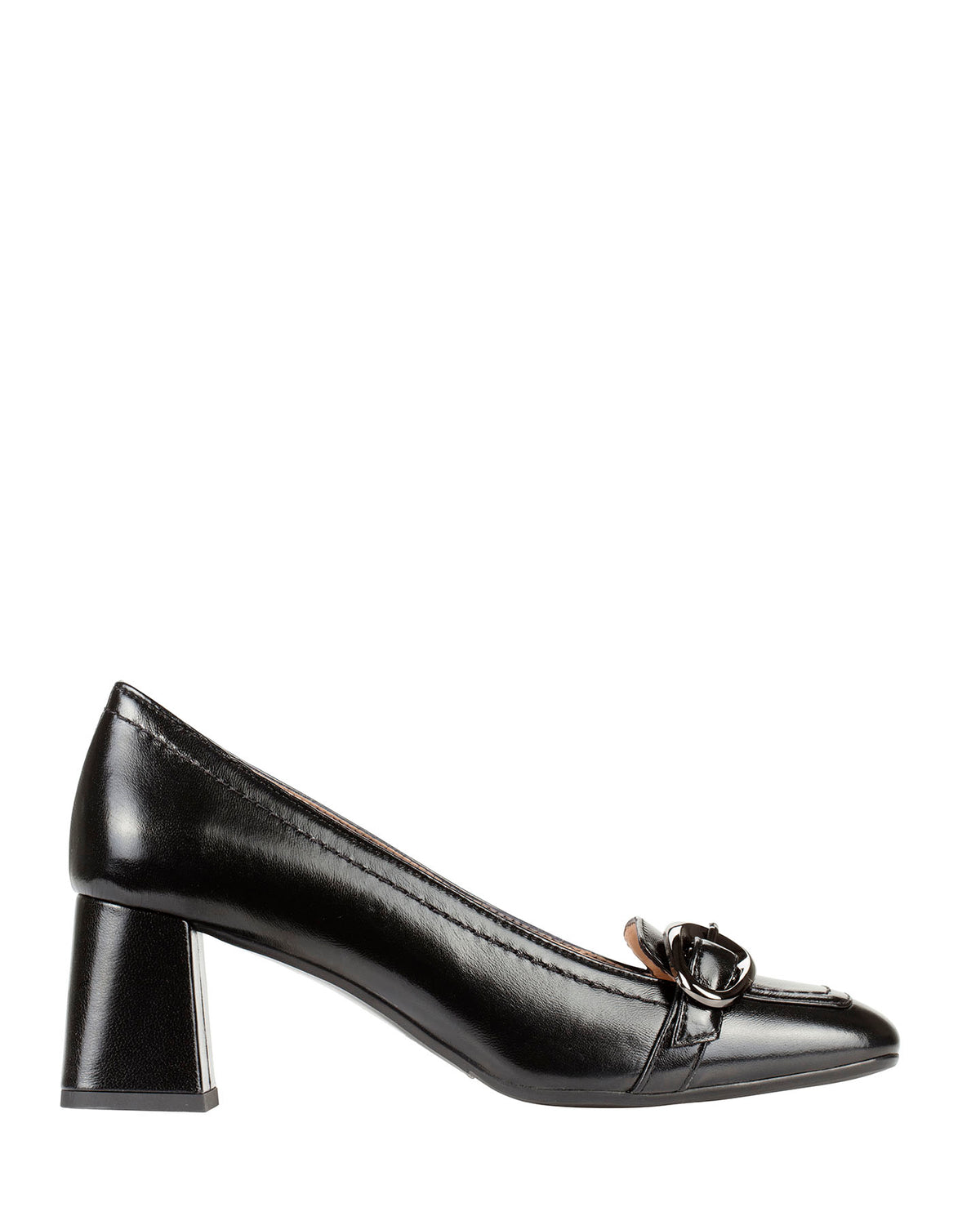 Bianca Buccheri Gabi black leather square-toe block-heel pumps with silver buckle