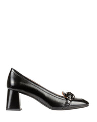 Bianca Buccheri Gabi black leather square-toe block-heel pumps with silver buckle