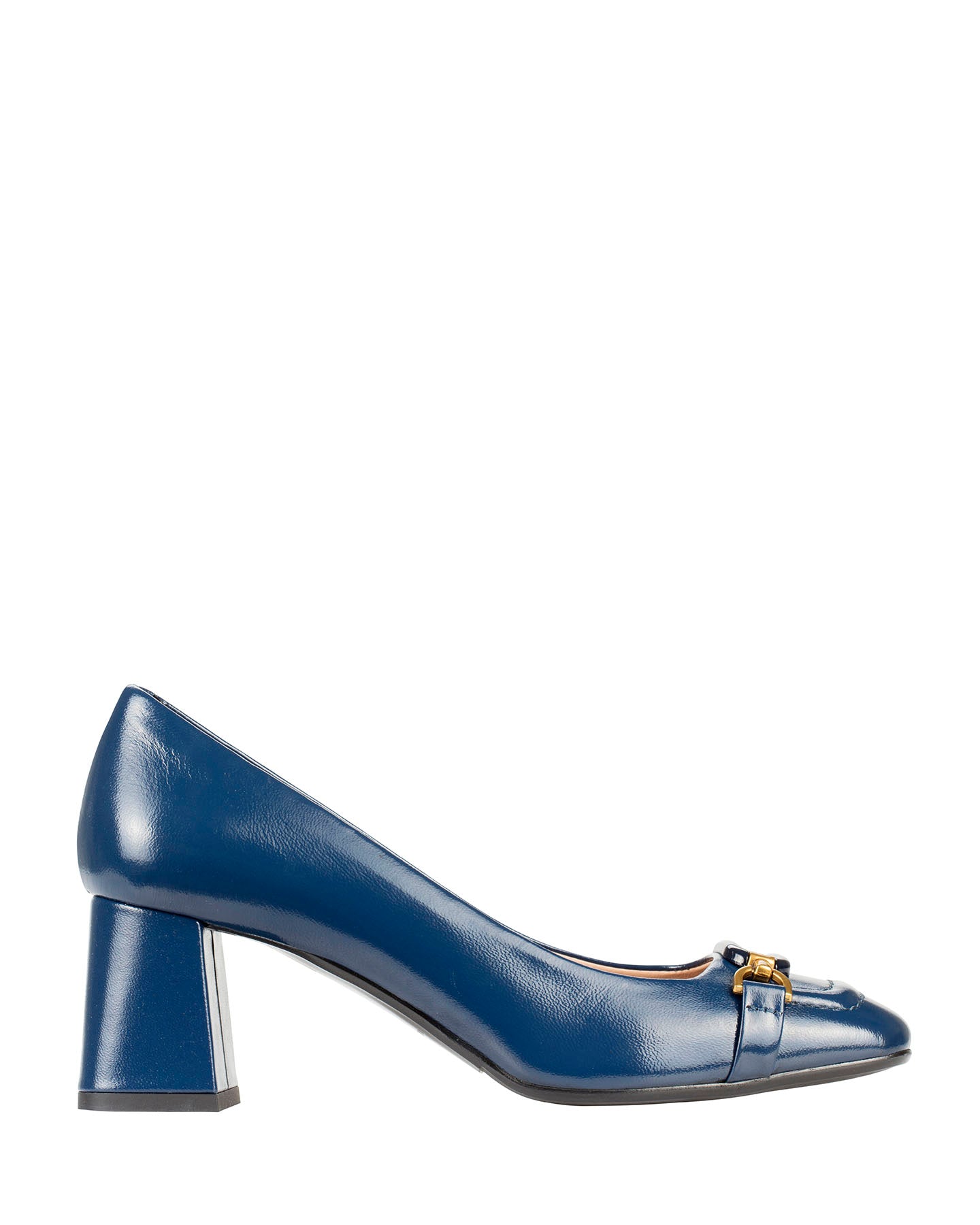 Bianca Buccheri Lucielle navy leather square-toe block-heel pumps with gold horsebit