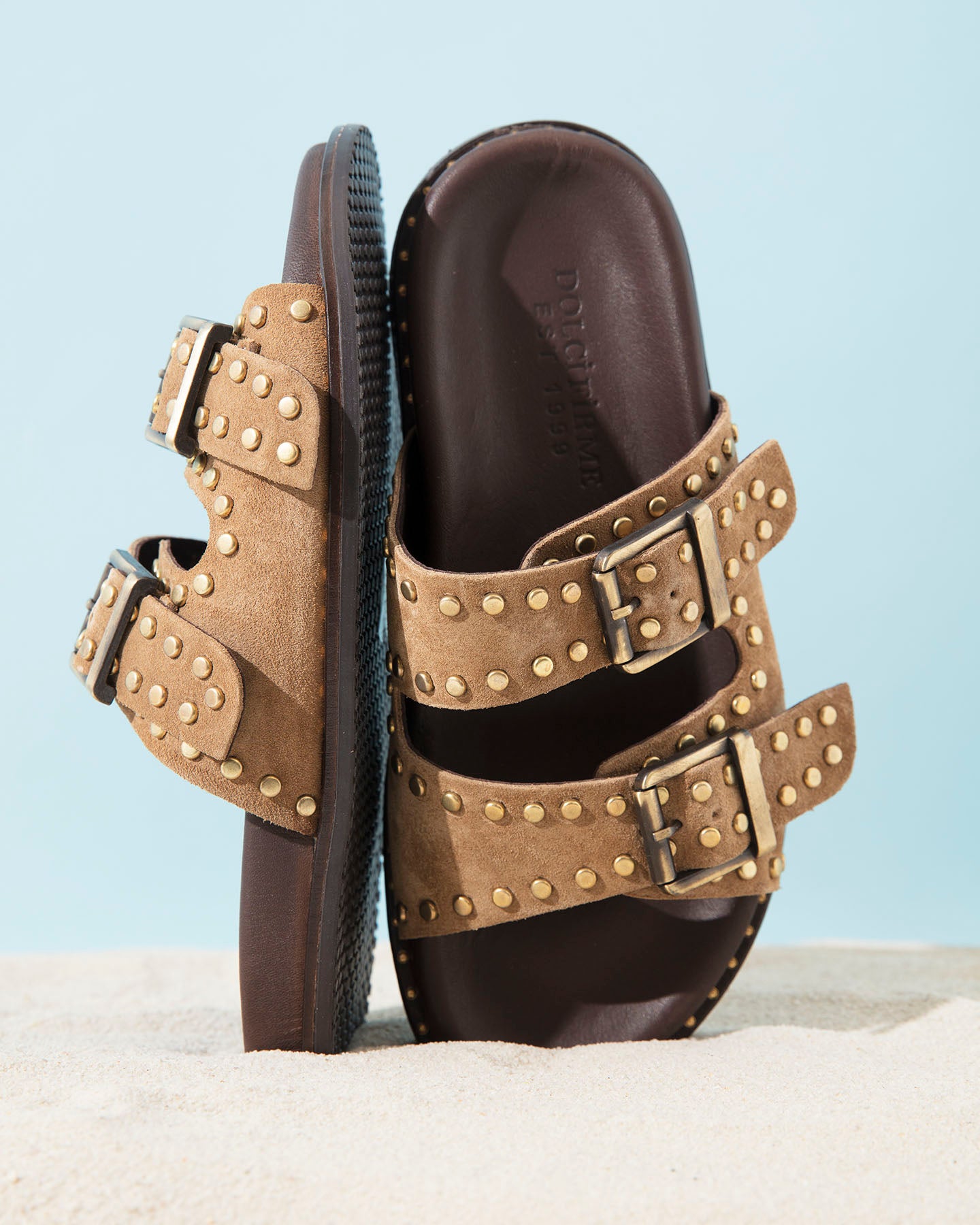 Dolci Firme Maran Tan Studded Suede Double-Buckle Slide