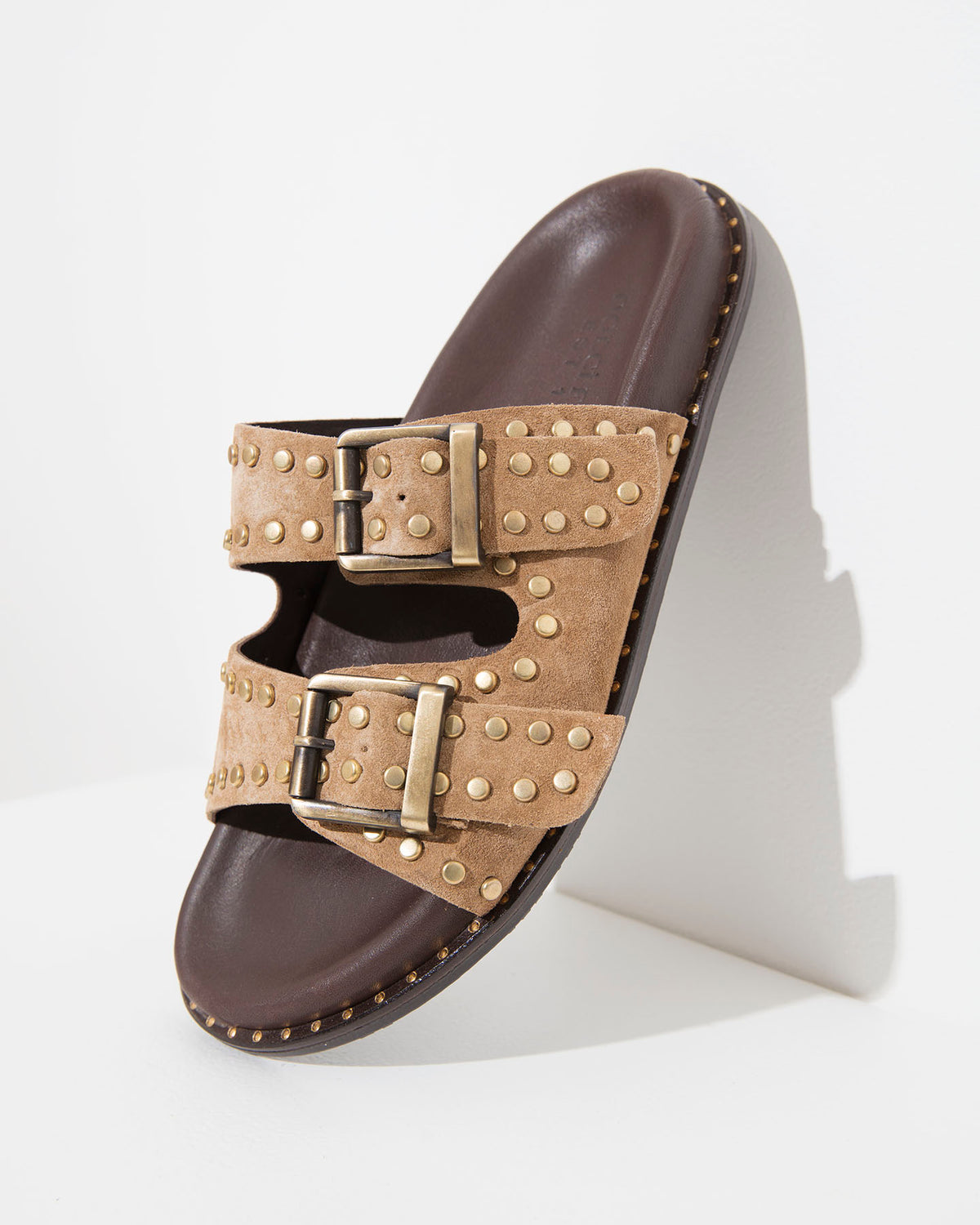 Dolci Firme Maran Tan Studded Suede Double-Buckle Slide