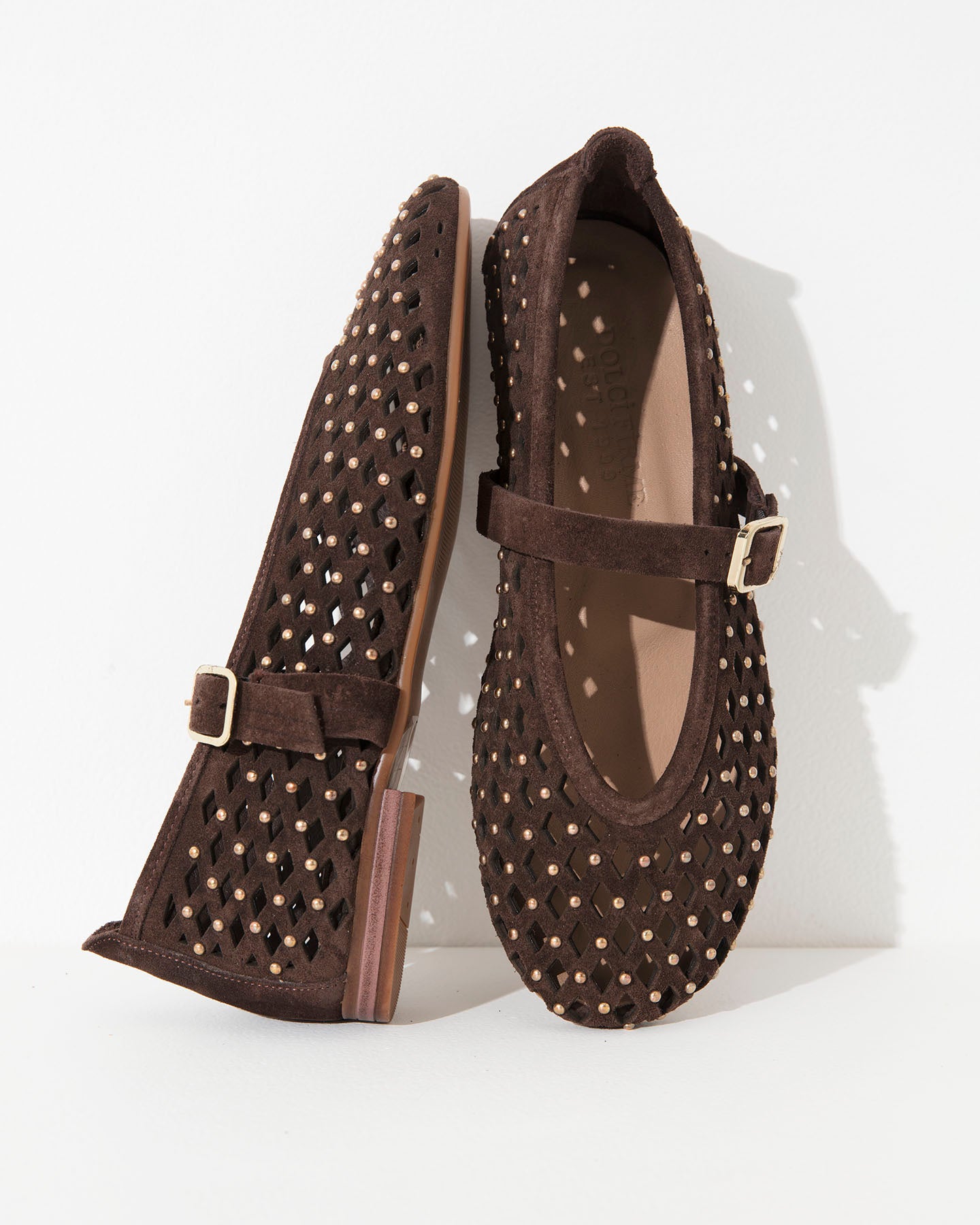 Dolci Firme Monty Choc Studded Suede Mary Jane Flat