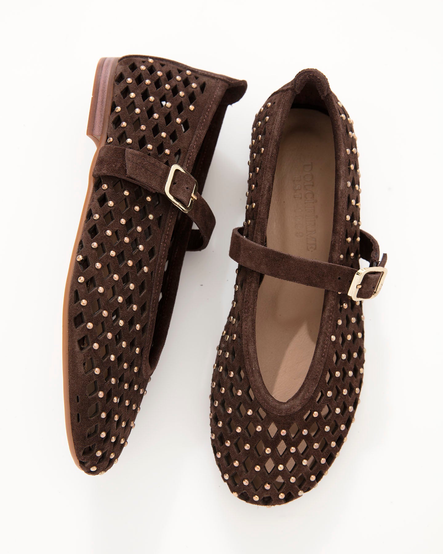 Dolci Firme Monty Choc Studded Suede Mary Jane Flat