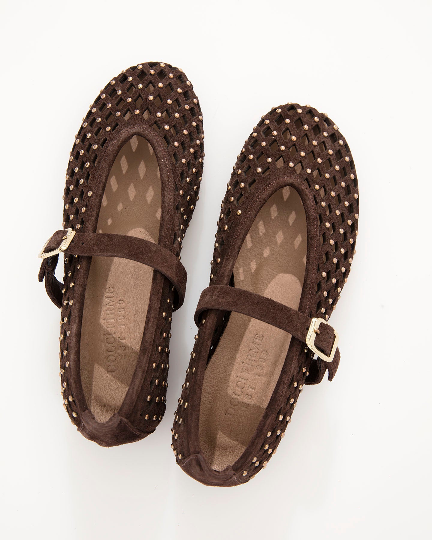 Dolci Firme Monty Choc Studded Suede Mary Jane Flat
