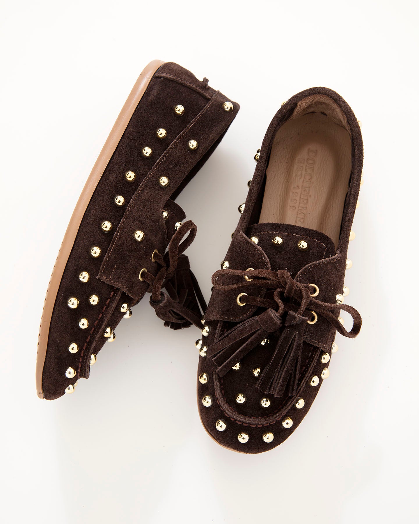Dolci Firme Dodi Choc Studded Suede Tassel Loafer