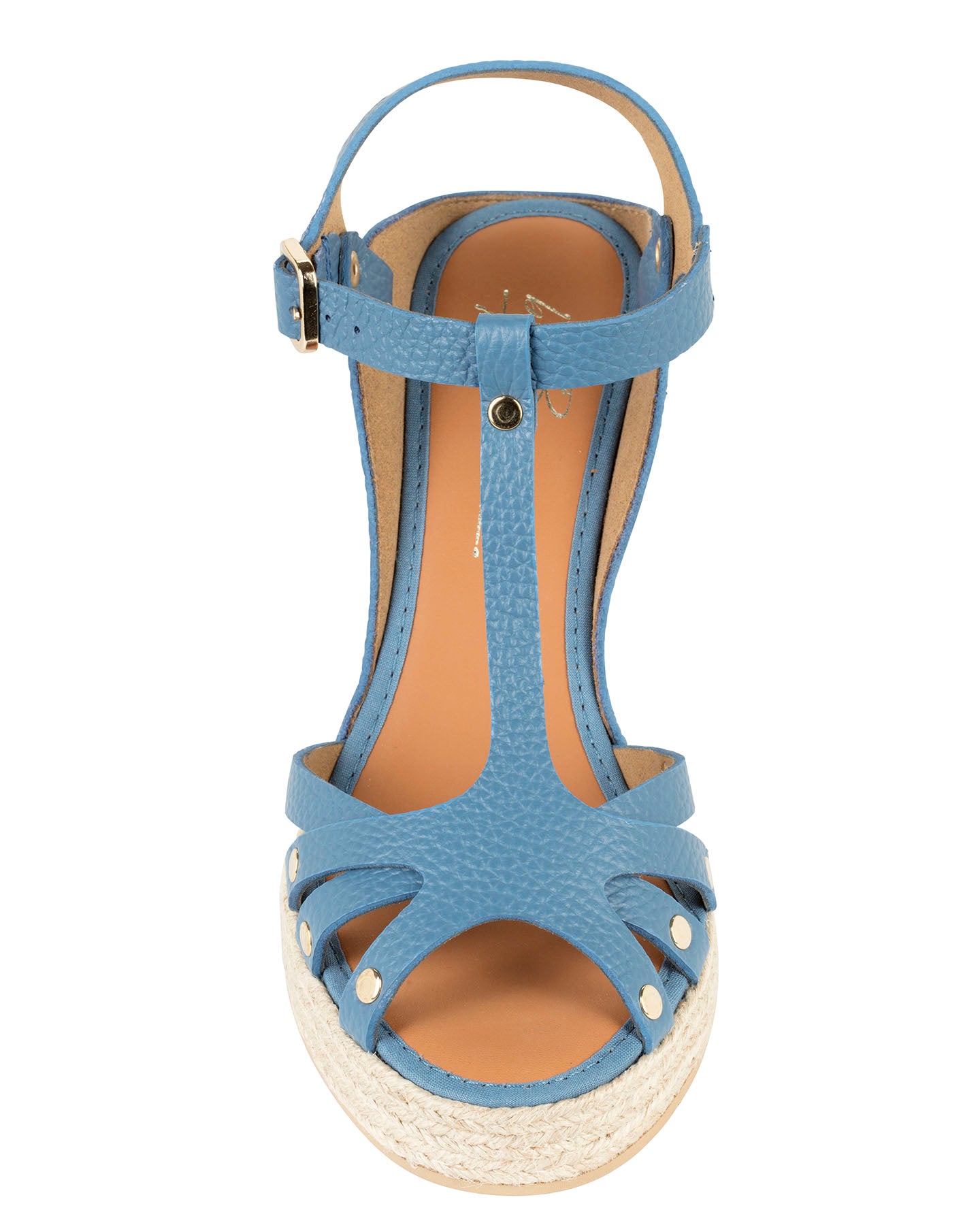 By Bianca Palermo Riviera Blue pebbled calf leather wedge sandals, made in Spain