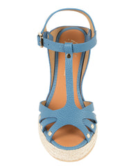 By Bianca Palermo Riviera Blue pebbled calf leather wedge sandals, made in Spain