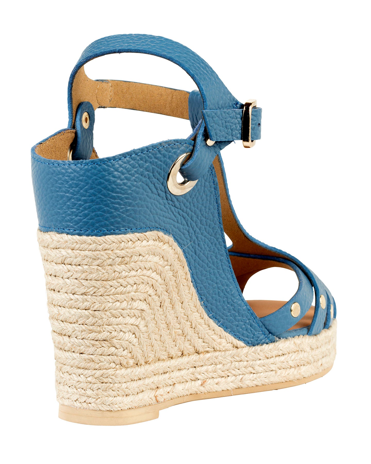 By Bianca Palermo Riviera Blue cervo leather T-bar strap with braided raffia wedge heel