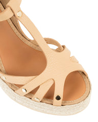 By Bianca Palermo Sand cervo leather T-bar strap with braided raffia wedge heel