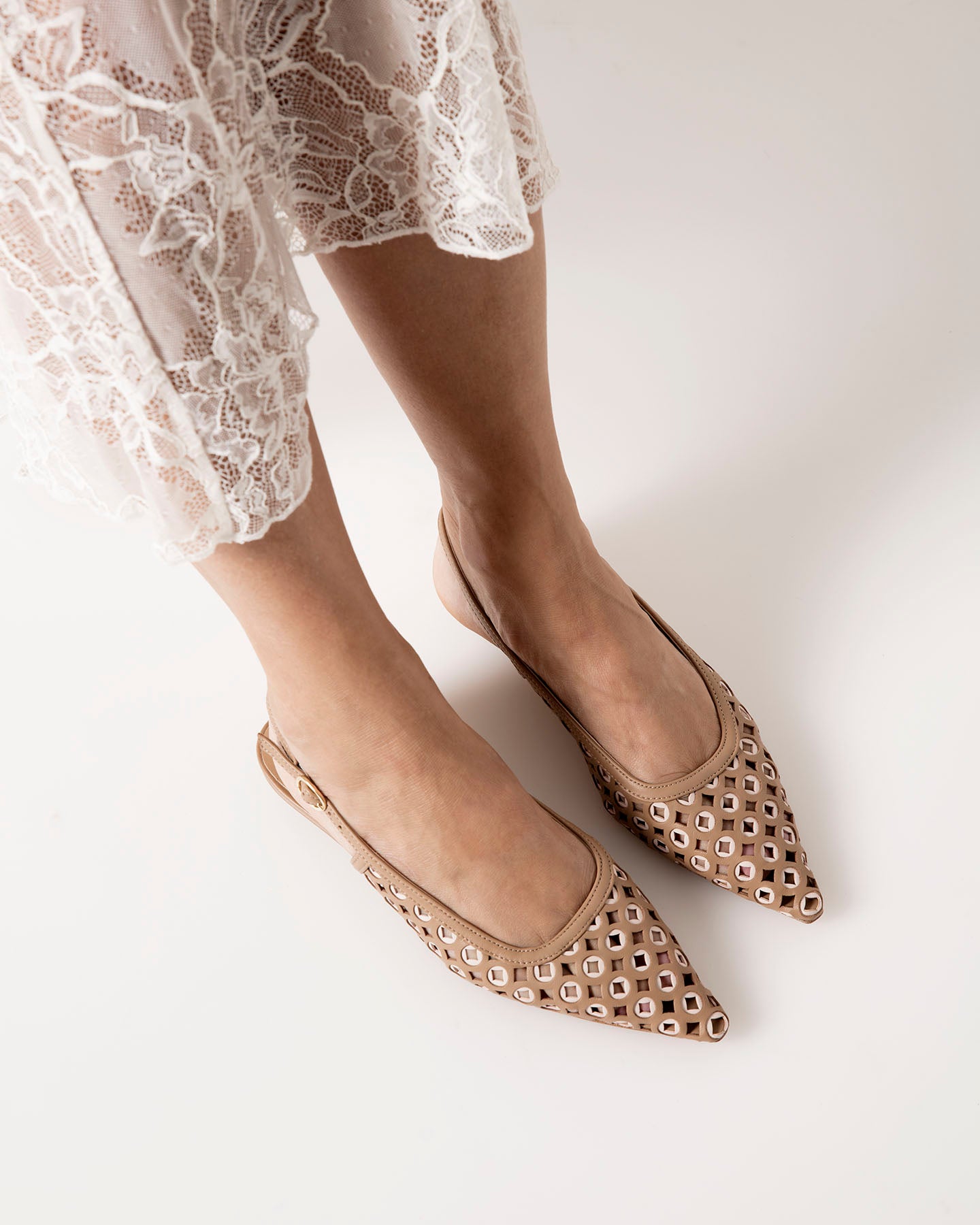 Bianca Buccheri Madi Tan nappa leather flat pointed slingback with white eyelet cut-outs and 20mm heel
