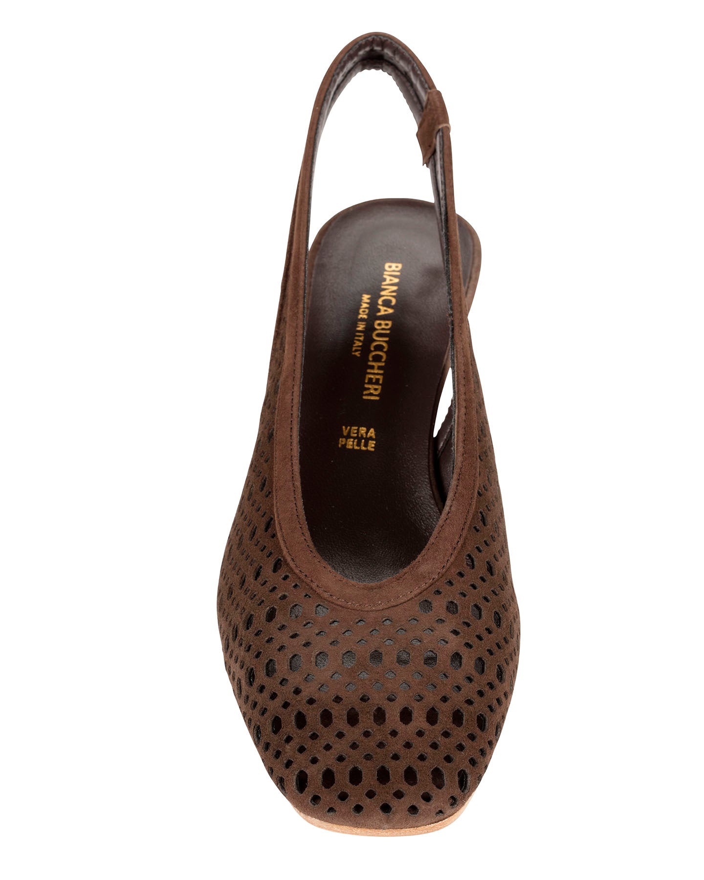 Bianca Buccheri Sarah Dark Brown suede square-toe slingback with pebble perforations and 50mm block heel, side profile