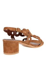 Bianca Buccheri Antonia Chocolate suede sandal with scalloped cut-out straps and 40mm block heel