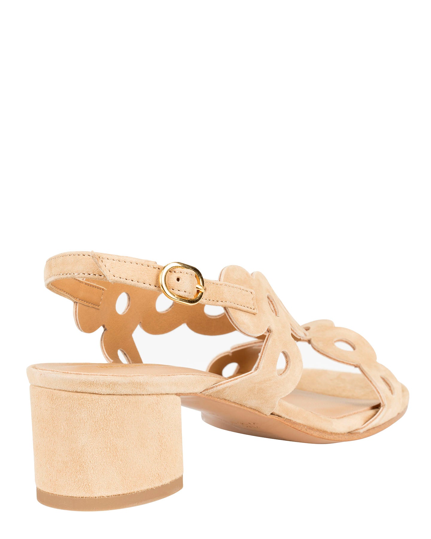 Bianca Buccheri Antonia Tan suede sandal with scalloped cut-out straps and 40mm block heel