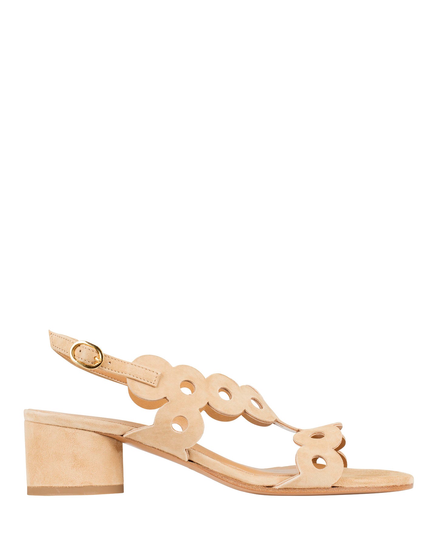 Bianca Buccheri Antonia Tan suede sandal with scalloped cut-out straps and 40mm block heel