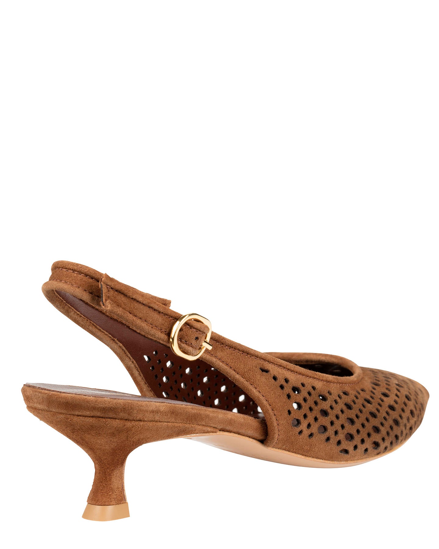 Bianca Buccheri Lauren Chocolate suede pointed-toe slingback with lace perforations and 45mm kitten heel