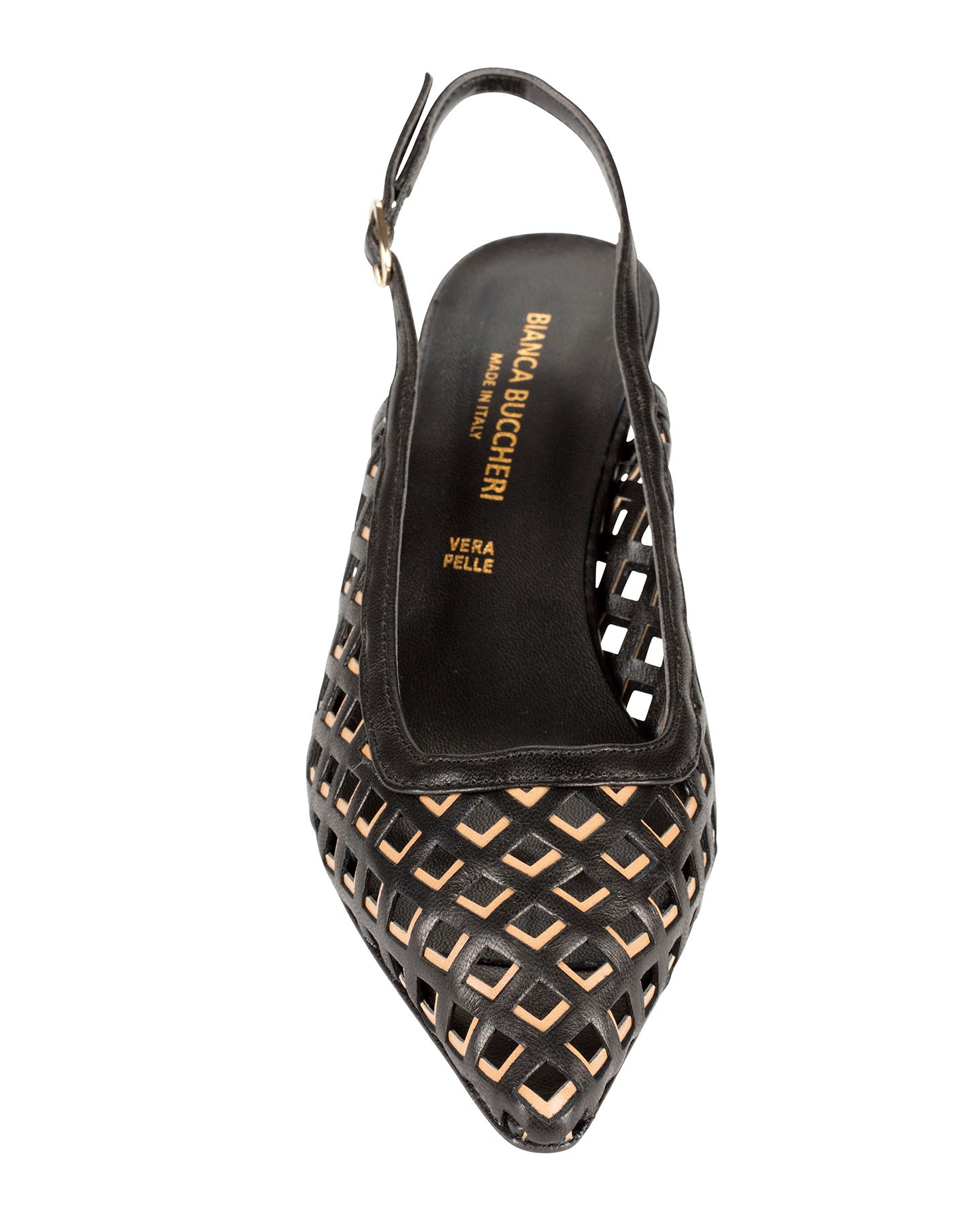 Bianca Buccheri Hannah Black nappa leather slingback with diamond lattice cut-outs and 55mm flared heel, side profile
