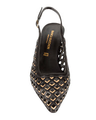 Bianca Buccheri Hannah Black nappa leather slingback with diamond lattice cut-outs and 55mm flared heel, side profile