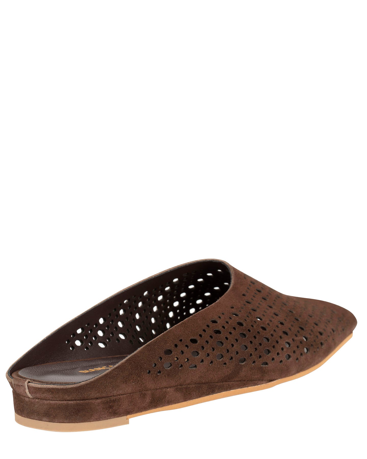 Bianca Buccheri Tia Dark Brown perforated suede flat mule with open toe