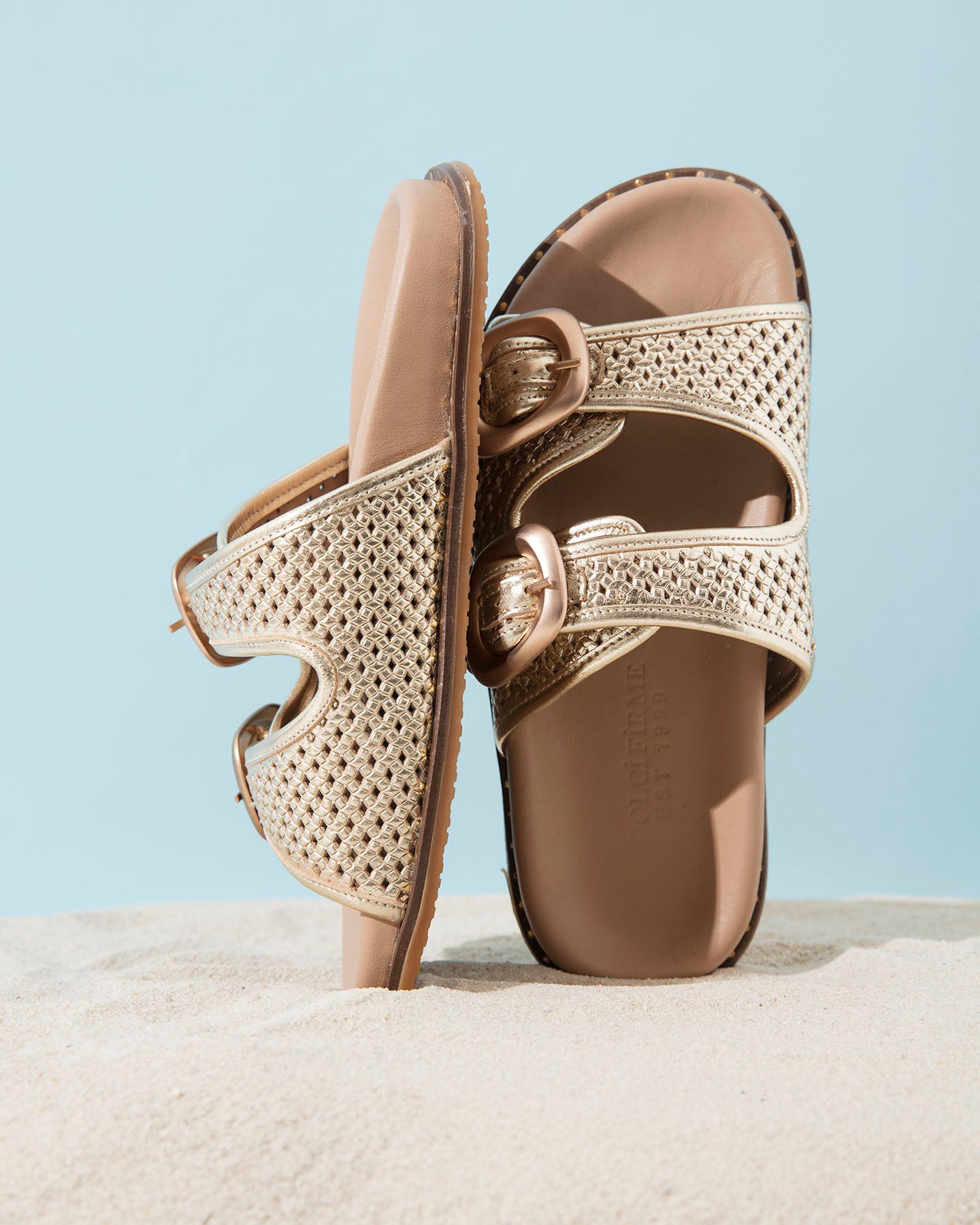 Dolci Firme Beaty Gold Woven Leather Slide Sandal